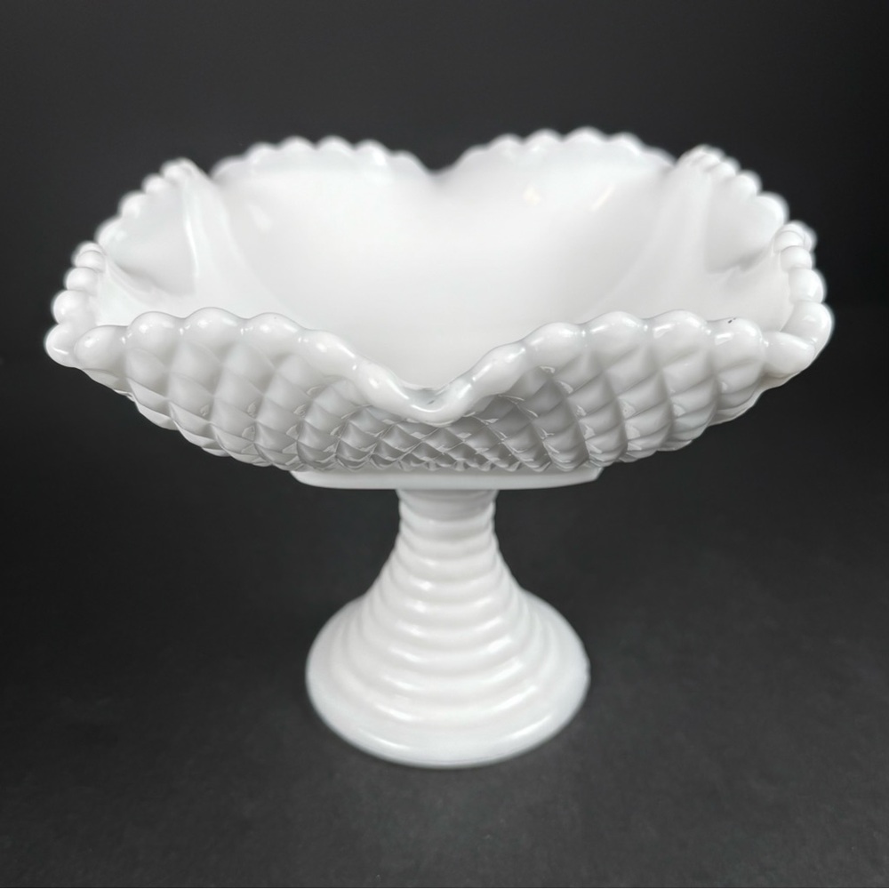 Vintage L E Smith White Milk Glass Diamond Pattern Square Pedestal Compote Candy